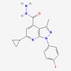 molecular formula C17H16FN5O B2911366 6-cyclopropyl-1-(4-fluorophenyl)-3-methyl-1H-pyrazolo[3,4-b]pyridine-4-carbohydrazide CAS No. 938022-28-7