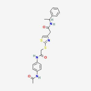 molecular formula C23H24N4O3S2 B2911368 N-(4-acetamidophenyl)-2-((4-(2-oxo-2-((1-phenylethyl)amino)ethyl)thiazol-2-yl)thio)acetamide CAS No. 941960-98-1