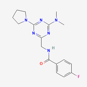 molecular formula C17H21FN6O B2911434 N-((4-(dimethylamino)-6-(pyrrolidin-1-yl)-1,3,5-triazin-2-yl)methyl)-4-fluorobenzamide CAS No. 2034574-17-7