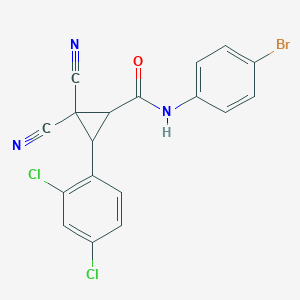 molecular formula C18H10BrCl2N3O B2911624 N-(4-bromophenyl)-2,2-dicyano-3-(2,4-dichlorophenyl)cyclopropane-1-carboxamide CAS No. 866137-53-3