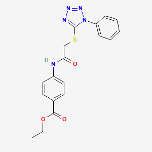 molecular formula C18H17N5O3S B2911759 ethyl 4-{2-[(1-phenyl-1H-1,2,3,4-tetrazol-5-yl)sulfanyl]acetamido}benzoate CAS No. 329078-93-5