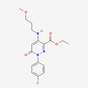 molecular formula C17H20FN3O4 B2911977 Ethyl 1-(4-fluorophenyl)-4-((3-methoxypropyl)amino)-6-oxo-1,6-dihydropyridazine-3-carboxylate CAS No. 921990-22-9