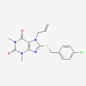 molecular formula C17H17ClN4O2S B2911992 7-allyl-8-[(4-chlorobenzyl)sulfanyl]-1,3-dimethyl-3,7-dihydro-1H-purine-2,6-dione CAS No. 377057-57-3