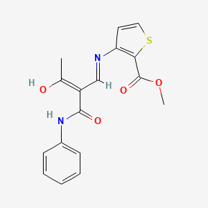 molecular formula C17H16N2O4S B2912043 Methyl 3-((3-oxo-2-(N-phenylcarbamoyl)but-1-enyl)amino)thiophene-2-carboxylate CAS No. 1025302-40-2
