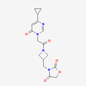molecular formula C16H18N4O5 B2912181 3-((1-(2-(4-cyclopropyl-6-oxopyrimidin-1(6H)-yl)acetyl)azetidin-3-yl)methyl)oxazolidine-2,4-dione CAS No. 2034233-91-3
