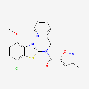 molecular formula C19H15ClN4O3S B2912261 N-(7-chloro-4-methoxy-1,3-benzothiazol-2-yl)-3-methyl-N-[(pyridin-2-yl)methyl]-1,2-oxazole-5-carboxamide CAS No. 946228-80-4