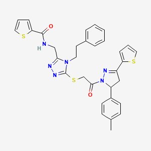 molecular formula C32H30N6O2S3 B2912318 N-((5-((2-oxo-2-(3-(thiophen-2-yl)-5-(p-tolyl)-4,5-dihydro-1H-pyrazol-1-yl)ethyl)thio)-4-phenethyl-4H-1,2,4-triazol-3-yl)methyl)thiophene-2-carboxamide CAS No. 361149-36-2