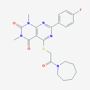 molecular formula C22H24FN5O3S B2912367 5-((2-(azepan-1-yl)-2-oxoethyl)thio)-7-(4-fluorophenyl)-1,3-dimethylpyrimido[4,5-d]pyrimidine-2,4(1H,3H)-dione CAS No. 852169-69-8