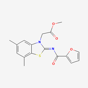 molecular formula C17H16N2O4S B2912603 Methyl 2-[2-(furan-2-carbonylimino)-5,7-dimethyl-1,3-benzothiazol-3-yl]acetate CAS No. 1322011-43-7
