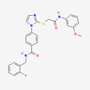 molecular formula C26H23FN4O3S B2912988 N-[(2-fluorophenyl)methyl]-4-[2-({[(3-methoxyphenyl)carbamoyl]methyl}sulfanyl)-1H-imidazol-1-yl]benzamide CAS No. 1207000-99-4