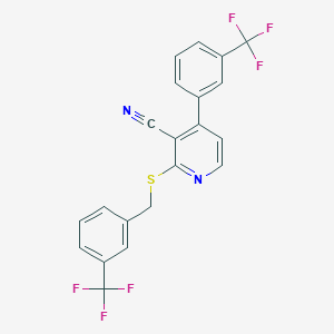 molecular formula C21H12F6N2S B2913151 2-{[3-(Trifluoromethyl)benzyl]sulfanyl}-4-[3-(trifluoromethyl)phenyl]nicotinonitrile CAS No. 478245-79-3