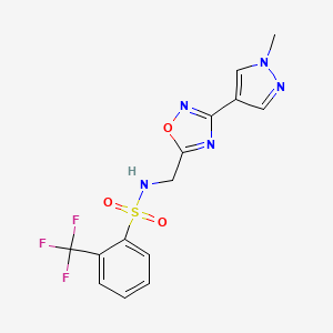 molecular formula C14H12F3N5O3S B2913242 N-((3-(1-methyl-1H-pyrazol-4-yl)-1,2,4-oxadiazol-5-yl)methyl)-2-(trifluoromethyl)benzenesulfonamide CAS No. 2034534-74-0