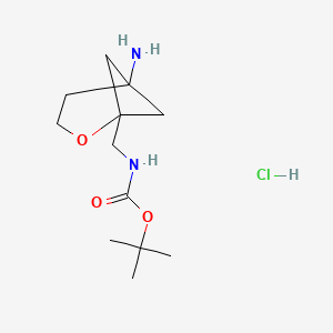 molecular formula C12H23ClN2O3 B2913303 tert-butyl N-({5-amino-2-oxabicyclo[3.1.1]heptan-1-yl}methyl)carbamate hydrochloride CAS No. 2377034-12-1