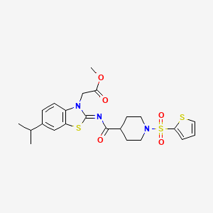 molecular formula C23H27N3O5S3 B2913356 (E)-methyl 2-(6-isopropyl-2-((1-(thiophen-2-ylsulfonyl)piperidine-4-carbonyl)imino)benzo[d]thiazol-3(2H)-yl)acetate CAS No. 941946-78-7
