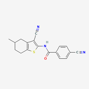 molecular formula C18H15N3OS B2913429 4-cyano-N-(3-cyano-5-methyl-4,5,6,7-tetrahydro-1-benzothiophen-2-yl)benzamide CAS No. 328539-91-9