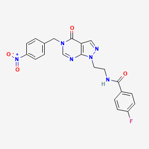 molecular formula C21H17FN6O4 B2913585 4-fluoro-N-(2-(5-(4-nitrobenzyl)-4-oxo-4,5-dihydro-1H-pyrazolo[3,4-d]pyrimidin-1-yl)ethyl)benzamide CAS No. 922116-41-4