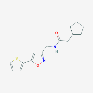 molecular formula C15H18N2O2S B2913774 2-cyclopentyl-N-((5-(thiophen-2-yl)isoxazol-3-yl)methyl)acetamide CAS No. 946344-94-1