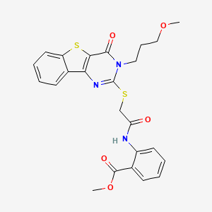 molecular formula C24H23N3O5S2 B2913924 methyl 2-(2-{[5-(3-methoxypropyl)-6-oxo-8-thia-3,5-diazatricyclo[7.4.0.0^{2,7}]trideca-1(9),2(7),3,10,12-pentaen-4-yl]sulfanyl}acetamido)benzoate CAS No. 866014-27-9