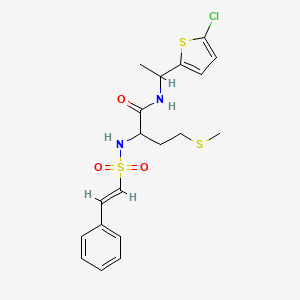 molecular formula C19H23ClN2O3S3 B2913995 N-[1-(5-chlorothiophen-2-yl)ethyl]-4-methylsulfanyl-2-[[(E)-2-phenylethenyl]sulfonylamino]butanamide CAS No. 1214873-21-8