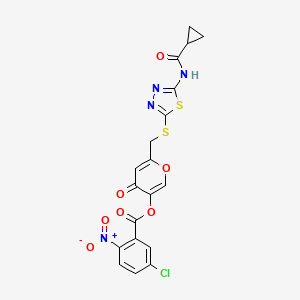 molecular formula C19H13ClN4O7S2 B2914005 6-(((5-(cyclopropanecarboxamido)-1,3,4-thiadiazol-2-yl)thio)methyl)-4-oxo-4H-pyran-3-yl 5-chloro-2-nitrobenzoate CAS No. 877651-49-5