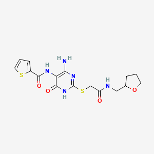 molecular formula C16H19N5O4S2 B2914042 N-(4-amino-6-oxo-2-((2-oxo-2-(((tetrahydrofuran-2-yl)methyl)amino)ethyl)thio)-1,6-dihydropyrimidin-5-yl)thiophene-2-carboxamide CAS No. 868225-76-7