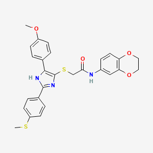 molecular formula C27H25N3O4S2 B2914072 N-(2,3-dihydro-1,4-benzodioxin-6-yl)-2-{[5-(4-methoxyphenyl)-2-[4-(methylsulfanyl)phenyl]-1H-imidazol-4-yl]sulfanyl}acetamide CAS No. 901266-10-2