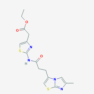 molecular formula C16H18N4O3S2 B2914134 Ethyl 2-(2-(3-(6-methylimidazo[2,1-b]thiazol-3-yl)propanamido)thiazol-4-yl)acetate CAS No. 1251625-29-2