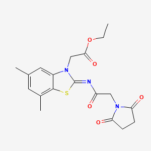 molecular formula C19H21N3O5S B2914136 Ethyl 2-[2-[2-(2,5-dioxopyrrolidin-1-yl)acetyl]imino-5,7-dimethyl-1,3-benzothiazol-3-yl]acetate CAS No. 1322256-78-9