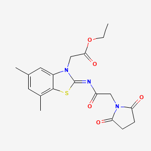 Ethyl 2-[2-[2-(2,5-dioxopyrrolidin-1-yl)acetyl]imino-5,7-dimethyl-1,3-benzothiazol-3-yl]acetate