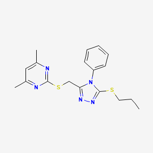 molecular formula C18H21N5S2 B2914294 4,6-Dimethyl-2-[(4-phenyl-5-propylsulfanyl-1,2,4-triazol-3-yl)methylsulfanyl]pyrimidine CAS No. 868222-09-7
