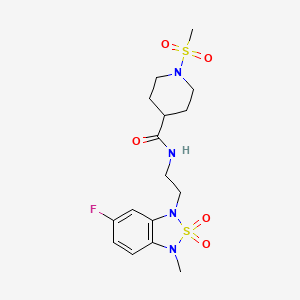 molecular formula C16H23FN4O5S2 B2914295 N-(2-(6-fluoro-3-methyl-2,2-dioxidobenzo[c][1,2,5]thiadiazol-1(3H)-yl)ethyl)-1-(methylsulfonyl)piperidine-4-carboxamide CAS No. 2034335-22-1