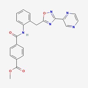 molecular formula C22H17N5O4 B2914313 Methyl 4-((2-((3-(pyrazin-2-yl)-1,2,4-oxadiazol-5-yl)methyl)phenyl)carbamoyl)benzoate CAS No. 2034547-75-4