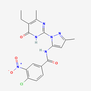 molecular formula C18H17ClN6O4 B2914357 4-chloro-N-(1-(5-ethyl-4-methyl-6-oxo-1,6-dihydropyrimidin-2-yl)-3-methyl-1H-pyrazol-5-yl)-3-nitrobenzamide CAS No. 1001943-63-0