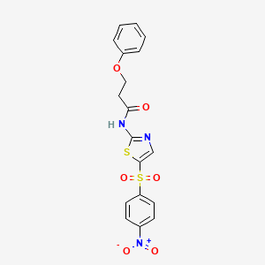 molecular formula C18H15N3O6S2 B2914359 N-(5-((4-nitrophenyl)sulfonyl)thiazol-2-yl)-3-phenoxypropanamide CAS No. 361168-14-1