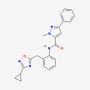 molecular formula C23H21N5O2 B2914383 N-(2-((3-cyclopropyl-1,2,4-oxadiazol-5-yl)methyl)phenyl)-1-methyl-3-phenyl-1H-pyrazole-5-carboxamide CAS No. 1796969-73-7