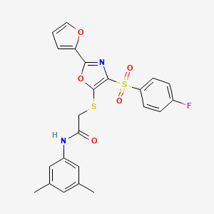 molecular formula C23H19FN2O5S2 B2914407 N-(3,5-dimethylphenyl)-2-[[4-(4-fluorophenyl)sulfonyl-2-(furan-2-yl)-1,3-oxazol-5-yl]sulfanyl]acetamide CAS No. 850928-57-3