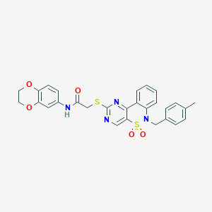 molecular formula C28H24N4O5S2 B2914496 N-(2,3-dihydro-1,4-benzodioxin-6-yl)-2-({9-[(4-methylphenyl)methyl]-8,8-dioxo-8lambda6-thia-3,5,9-triazatricyclo[8.4.0.0^{2,7}]tetradeca-1(14),2(7),3,5,10,12-hexaen-4-yl}sulfanyl)acetamide CAS No. 1112418-93-5