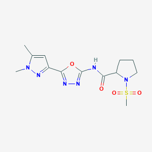 molecular formula C13H18N6O4S B2914686 N-(5-(1,5-dimethyl-1H-pyrazol-3-yl)-1,3,4-oxadiazol-2-yl)-1-(methylsulfonyl)pyrrolidine-2-carboxamide CAS No. 1219172-30-1