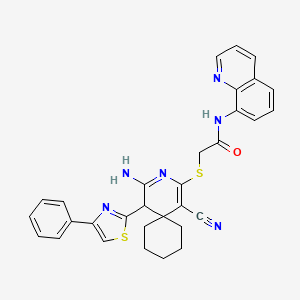 molecular formula C31H28N6OS2 B2914795 2-((1-cyano-4-imino-5-(4-phenylthiazol-2-yl)-3-azaspiro[5.5]undec-1-en-2-yl)thio)-N-(quinolin-8-yl)acetamide CAS No. 402954-28-3