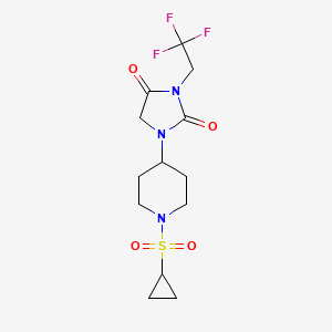 molecular formula C13H18F3N3O4S B2914857 1-[1-(Cyclopropanesulfonyl)piperidin-4-yl]-3-(2,2,2-trifluoroethyl)imidazolidine-2,4-dione CAS No. 2097868-53-4