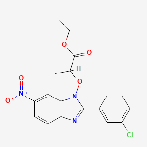 molecular formula C18H16ClN3O5 B2915127 ethyl 2-{[2-(3-chlorophenyl)-6-nitro-1H-1,3-benzimidazol-1-yl]oxy}propanoate CAS No. 303149-66-8