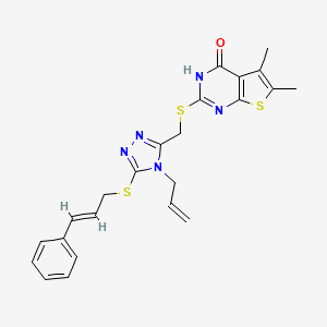 molecular formula C23H23N5OS3 B2915153 (E)-2-(((4-allyl-5-(cinnamylthio)-4H-1,2,4-triazol-3-yl)methyl)thio)-5,6-dimethylthieno[2,3-d]pyrimidin-4(3H)-one CAS No. 326888-08-8