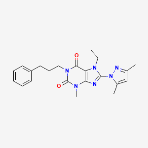 molecular formula C22H26N6O2 B2915384 8-(3,5-dimethyl-1H-pyrazol-1-yl)-7-ethyl-3-methyl-1-(3-phenylpropyl)-1H-purine-2,6(3H,7H)-dione CAS No. 1013968-19-8