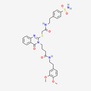 molecular formula C32H37N5O7S2 B2915415 N-[2-(3,4-dimethoxyphenyl)ethyl]-4-{4-oxo-2-[({[2-(4-sulfamoylphenyl)ethyl]carbamoyl}methyl)sulfanyl]-3,4-dihydroquinazolin-3-yl}butanamide CAS No. 422281-62-7