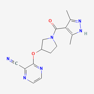 molecular formula C15H16N6O2 B2915502 3-((1-(3,5-dimethyl-1H-pyrazole-4-carbonyl)pyrrolidin-3-yl)oxy)pyrazine-2-carbonitrile CAS No. 2034202-25-8