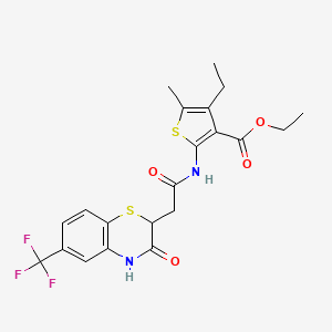 molecular formula C21H21F3N2O4S2 B2915517 ethyl 4-ethyl-5-methyl-2-(2-(3-oxo-6-(trifluoromethyl)-3,4-dihydro-2H-benzo[b][1,4]thiazin-2-yl)acetamido)thiophene-3-carboxylate CAS No. 938036-13-6