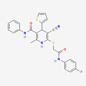 molecular formula C26H21FN4O2S2 B2915613 5-cyano-6-({2-[(4-fluorophenyl)amino]-2-oxoethyl}sulfanyl)-2-methyl-N-phenyl-4-(thiophen-2-yl)-1,4-dihydropyridine-3-carboxamide CAS No. 340808-71-1