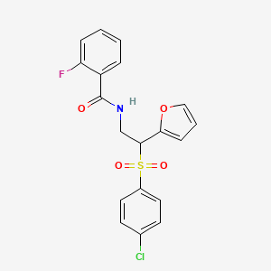 molecular formula C19H15ClFNO4S B2915617 N-[2-(4-Chlorobenzenesulfonyl)-2-(furan-2-YL)ethyl]-2-fluorobenzamide CAS No. 896331-84-3