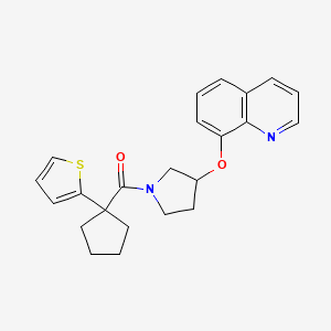 molecular formula C23H24N2O2S B2915632 (3-(Quinolin-8-yloxy)pyrrolidin-1-yl)(1-(thiophen-2-yl)cyclopentyl)methanone CAS No. 1903910-01-9