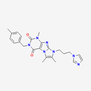 molecular formula C24H27N7O2 B2915676 6-(3-Imidazol-1-ylpropyl)-4,7,8-trimethyl-2-[(4-methylphenyl)methyl]purino[7,8-a]imidazole-1,3-dione CAS No. 919009-94-2